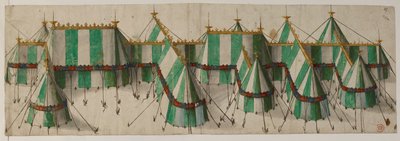 Cotton Augustus III, f.19 Beyaz ve yeşil Tudor renklerinde Kraliyet Pavyonu için Tasarım, Altın Kumaş Tarlasında Henry VIII için olduğu söyleniyor by School Netherlandish