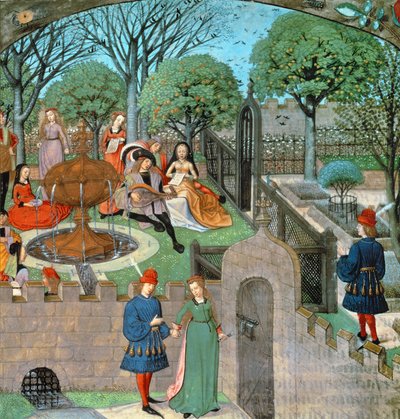 Harl 4425 f.12v Bahçe sahnesi, âşık ve kadın Oyseuse (Boşluk), bahçe duvarlarının dışında, 
