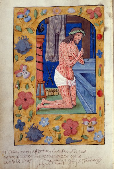 Kings 9 f.231v Mesih açık bir mezarın yanında diz çöküyor (parşömen) by School Netherlandish