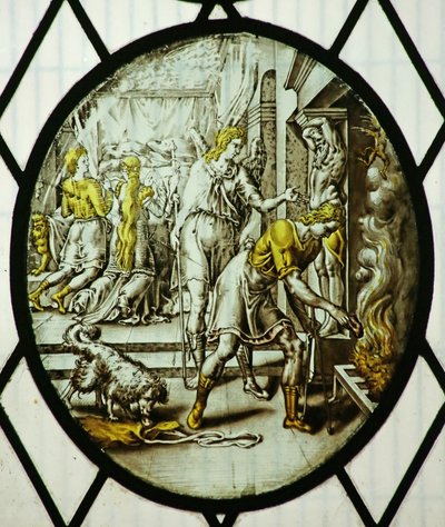 Roundel: Tobias balığın karaciğerini yakar (vitray) by School Netherlandish