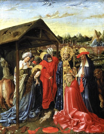 SS ile Doğuş. Sixtus (?) ve Jerome ve bir kardinal (panel üzerine yağ) by School Netherlandish