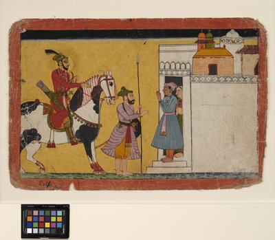 Bir prens avı bir evin kapısında durur, c.1700 (kağıt üzerinde opak w/c ve altın rengi) by School Pahari