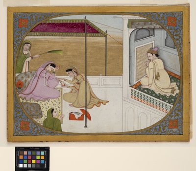 Metresinin hazırlıklarını gözetleyen bir prens, c.1800 (kağıt üzerinde opak suluboya ve altın rengi) by School Pahari