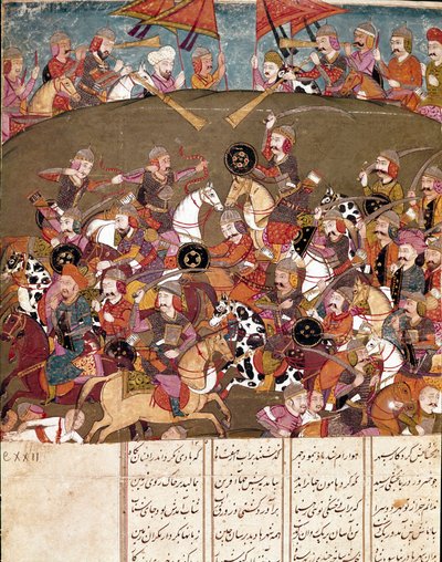 İslam sanatı: savaş sahnesi. Firdevsi (Firdevsi veya Ferdawsi veya Firdousi, yaklaşık 940-1020 civarı) Biblioteca Nazionale Naples tarafından yazılan “Shahnameh” (Şahname, Şehname) (Krallar Kitabı) adlı epik şiirin bir el yazmasından Farsça minyatür by School Persian