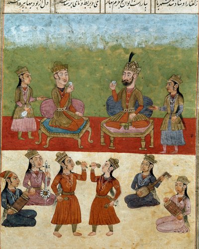 İslam sanatı: bir haremde konser ve eğlence. Firdevsi (Firdevsi veya Ferdawsi veya Firdousi, yaklaşık 940-1020 civarı) Biblioteca Nazionale Naples tarafından yazılan “Shahnameh” (Şahname, Şehname) (Krallar Kitabı) adlı epik şiirin bir el yazmasından Farsça by School Persian