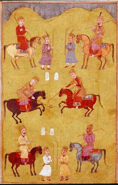 İslam sanatı: polo kısmı. Firdevsi (Firdevsi veya Ferdawsi veya Firdousi, yaklaşık 940-1020 civarı) Biblioteca Nazionale Naples tarafından yazılan “Shahnameh” (Şahname, Şehname) (Krallar Kitabı) adlı epik şiirin bir el yazmasından Farsça minyatür by School Persian