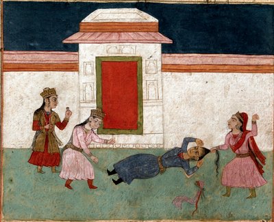 İslam sanatı: Bir haremde kavga eden iki cariye, favori rakibinin saçını tutuyor. Firdevsi'nin (Firdevsi veya Ferdawsi veya Firdousi, yaklaşık 940-10 civarı) epik şiiri “Şahname”nin (Şah Nama, Şehnâme) (Krallar Kitabı) bir el yazmasından Farsça minyatü by School Persian