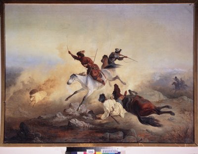 Yırtıcı saldırı. Dağıstan (Dağıstan) dağlarında, Rus ordusu ile Kafkas savaşçıları arasında, 1830 ve 1860 yılları arasında at sırtında savaş ve takip. Bir Rus ustanın tablosu, tuval üzerine yağlı boya. Rus sanatı by School Russian