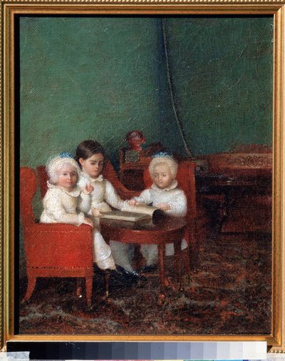 Çocuklar bir iç mekanda. Anonim resim. Tuval üzerine yağlı boya, 25,2 x 20,6 cm by School Russian