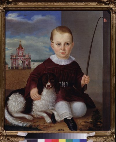 Kırmızı kapının önünde köpeği olan çocuk (Moskova). Bir Rus ustanın tablosu, 1840 tuval üzerine yağlıboya. 19. yüzyıl Rus sanatı. Devlet V. Tropinin Müzesi, Moskova. by School Russian