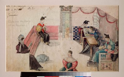 Bir konakta divan odası. (Kadınlar ve çocuklar kanepelerle çevrili bir yerde toplanırlar, okurlar veya dikerler). Rus bir ustanın eseri, kağıt üzerine suluboya by School Russian