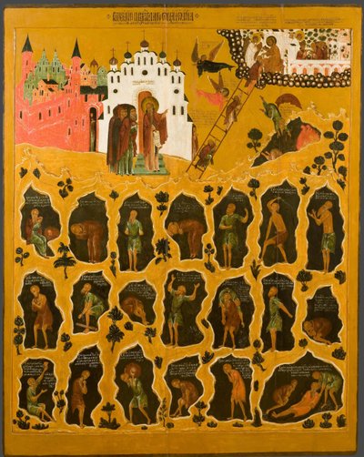 ""Saint John Climacus'un vizyonu"" Sağ üstte, Saint John the Sinaiticus'un kutsal merdiveni temsil edilir - Merdivenin tepesine ulaşan keşişleri ve cehenneme düşenleri temsil eder - 16. yüzyılın başlarından itibaren Rus simgesi  by School Russian