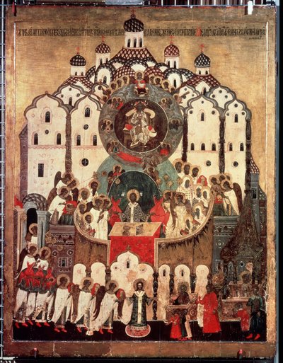 "" Ayin. Başmeleklerin Synaxis"" Rus simgesi. 16. yüzyıldan ahşap üzerine boyama. Devlet Tretyakov Galerisi, Moskova by School Russian