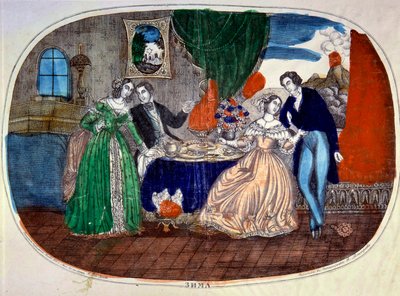 Mondanite: iki çift arasındaki yemek ve baştan çıkarma sahnesi. Rusya. 1850 civarı gravür. Özel Koleksiyon by School Russian