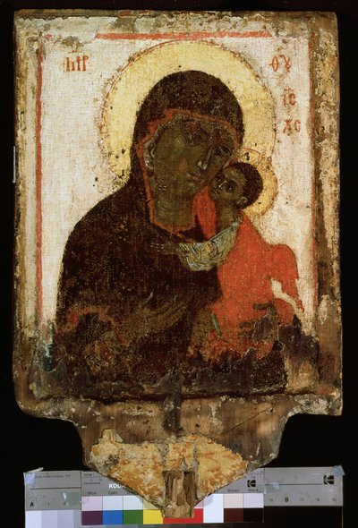 ""Hassas Leydimiz (Leydimiz)"" veya ""Bakire Eleusa (Eleousa)"" Rus simgesi. 15. yüzyılın 14. sonu başından ahşap üzerine boyama. Devlet Rus Müzesi Saint Petersburg by School Russian