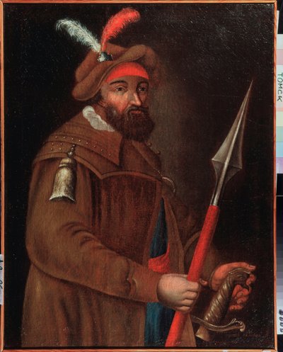 Sibirya fatihi Kazak lideri Yermak Timofeyevich (1532 ve 1542-1585 arasında doğdu) portresi. Anonim resim, tuval üzerine yağlı boya, 18. yüzyılın başları. Devlet Sanat Müzesi, Tomsk (Rusya). by School Russian