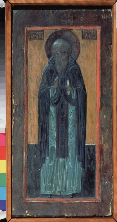 Solovki Aziz Zosimus (1478 öldü). Rus ikonu, çok renkli oyma ahşap, 16. yüzyılın ortalarında. Kuzeyden eski geleneksel Rus sanatı. Bölgesel Güzel ve Uygulamalı Sanatlar Müzesi, Smolensk (Rusya). by School Russian