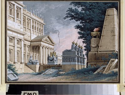 Tapınak, bir tiyatro oyunu için sahne tasarımı. Anonim resim. Kağıt üzerine suluboya ve guaj, 1800 dolaylarında. Rus tiyatrosu dekoru. Müze Sarayı Tiyatrosu Ostankino, Moskova. by School Russian