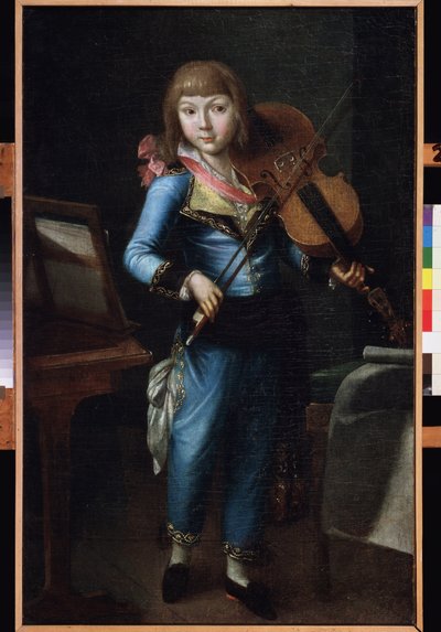Mavi takım elbiseli genç bir kemancı. Bir Rus ustanın tablosu, tuval üzerine yağlıboya, yaklaşık 1790. 18. yüzyıl Rus sanatı. Müze Sarayı Tiyatrosu Ostankino, Moskova. by School Russian