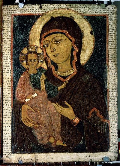 ""Bakire Hodegetria (Hodigitria)"" Meryem Ana ve halesi haçla işaretlenmiş çocuk İsa. Rus simgesi. 13. yüzyılın sonundan ahşap üzerine boyama. Devlet Tretyakov Galerisi, Moskova by School Russian