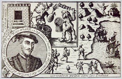 Juan de Grijalva komutasındaki İspanyollar Yucatan'a iner ve Maya savaşçılarıyla Champoton Savaşı'nda savaşırlar, Mayıs 1518 (litho) by School Spanish