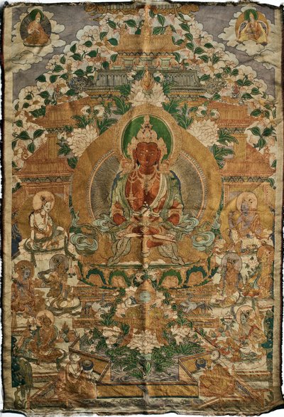 Amitabha (saf toprağın budası) - Tibet resmi, kumaş üzerine pigmentler ve altın, 19. yüzyıl sonu, 74x51 cm - (Amitayus Buddha Thangka, Tibet kültürü, Tekstil üzerine pigmentler ve altın, 19. yüzyılın sonu) - Özel Koleksiyon by School Tibetan