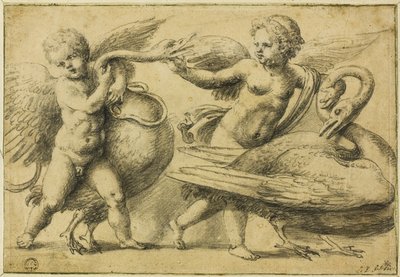 Kuğularla Oynayan Putti by School of Raphael