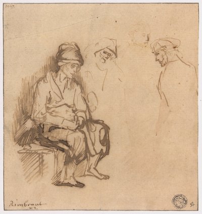 Bankta Oturan Kadın ve Üç Kafa Çizimi by School of Rembrandt van Rijn