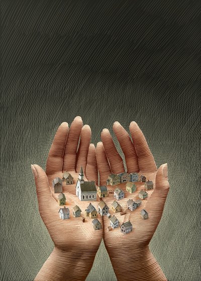 Bizim Kasaba, 2013 (karalama tahtası, dijital olarak renklendirilmiş) by Scott McKowen