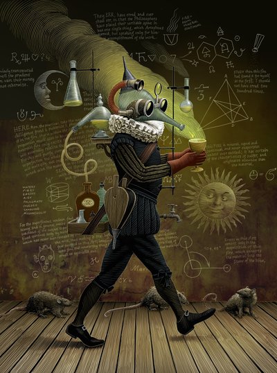 Simyacı 2014 (karalama tahtası, dijital olarak renklendirilmiş) by Scott McKowen