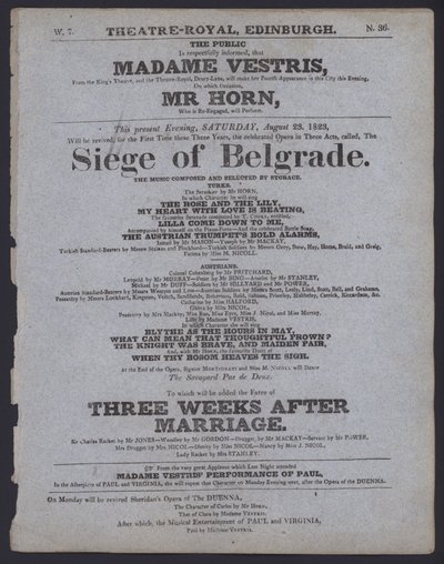 Theatre Royal için tiyatro programı, Edinburgh, 23 Ağustos 1823 (litho) by Scottish School