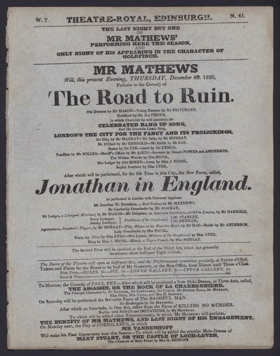 Theatre Royal için tiyatro programı, Edinburgh, 29 Aralık 1825 (litho) by Scottish School