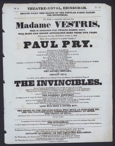 Theatre Royal için tiyatro programı, Edinburgh, 5 Ekim 1829 (litho) by Scottish School