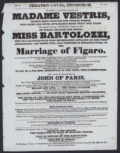 Theatre Royal için tiyatro programı, Edinburgh, 8 Ekim 1829 (litho) by Scottish School