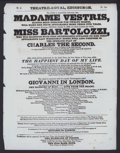 Theatre Royal için tiyatro programı, Edinburgh, 9 Ekim 1829 (litho) by Scottish School