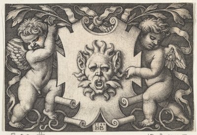 İki Cin Tarafından Desteklenen Rozet Üzerinde Bir Maske, 1544. by Sebald Beham