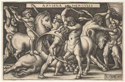 Herkül, sopasıyla merkezde bir centaurla savaşırken, diğer adamlar centaurlarla savaşmak için soldan bir..., 1542. by Sebald Beham