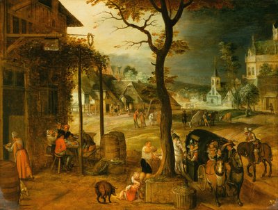 Gezginlerin bir handa içecek aldığı köy (tuval üzerine yağlı boya) by Sebastian (follower of) Vrancx