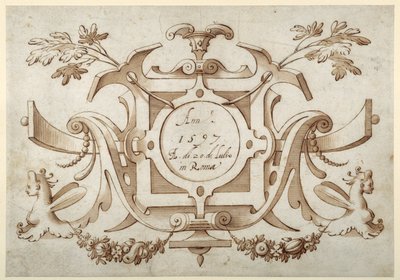 Roman Görünümleri seti ile ilişkili şerit işi kartuş (kağıt üzerinde kahverengi yıkama ile kalem ve kahverengi mürekkep) by Sebastian Vrancx