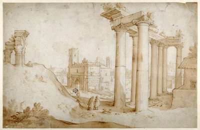 Titus ve Vespasian Tapınağı, Satürn Tapınağı ve Septimius Severus Kemeri ile Forum Romanum (kağıt üzerinde kalem ve kahverengi mürekkepli kalem ve kahverengi mürekkep) by Sebastian Vrancx