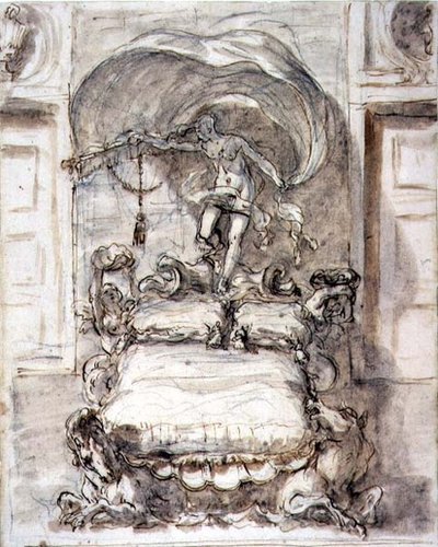Deniz atları ve Fortune ile yatak (kahverengi mürekkep ve tebeşir üzerine yıkama) by Sebastiano Ricci