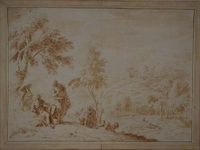 Hill-town ile Geniş Pastoral Manzara, c.1720 (kahverengi mürekkep ve yıkama) by Sebastiano Ricci