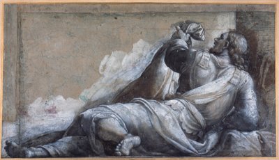 Bir uzanmış havari (carta azzurra üzerinde kahverengi yıkama ile siyah tebeşir) by Sebastiano del (c.1485 1547) Piombo