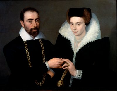 Bir Çiftin Portresi Her ikisi de siyah giyiyor, kadın güpür yaka takıyor. Fontainebleau okulunun resmi by Second School of Fontainebleau