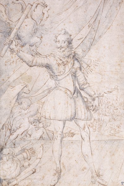 Kral Henry IV, tam boy, Osmanlı Silahlarının Ayaklarında Bir Kupa, Kartalın Önünde Parşömen Kaldırma (siyah tebeşir, tükenmez kalem ve mavi yıkamalı kahverengi mürekkep) by Second School of Fountainebleau