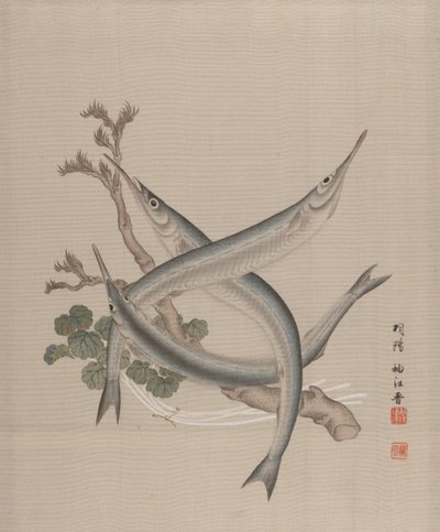 Üç Balık ve Bir Dal, yak. 1890-92. by Seki Shuko