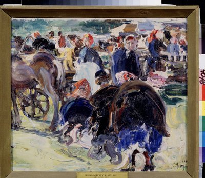 Bir fuar (Bir Fuar). Köylü kadınlar ve tüccarlar ile taşra pazar yeri. Semyon Gavrilovich Nikiforov