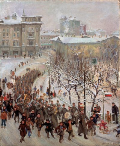 Kızıl Ordu Adamları. Sovyetler Birliği birliklerinin İkinci Dünya Savaşı (1939-1945) sırasında karla kaplı bir şehrin sokaklarında yürüyüş bandosu ve neşeli çocukların eşlik ettiği geçit töreni. Sergei İvanoviç tarafından boyama by Sergei Ivanovich Markin