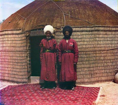 Yurt Önünde Bir Halının Üzerinde Duran İki Adam by Sergei Mikhailovich Prokudin Gorskii