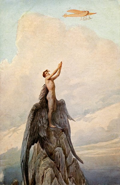 Ulaşım. Havacılık. Icarus'un rüyası. Icarus ve uçak. İllüstrasyon, J. Solomko, Macaristan, 1916 dolayları. (kartpostal) by Sergei Sergeevich Solomko